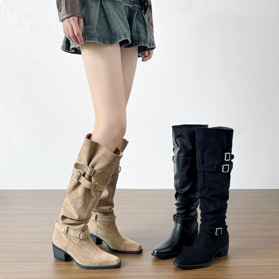 Women's Square Toe Chunky Korean Style Belt Heels