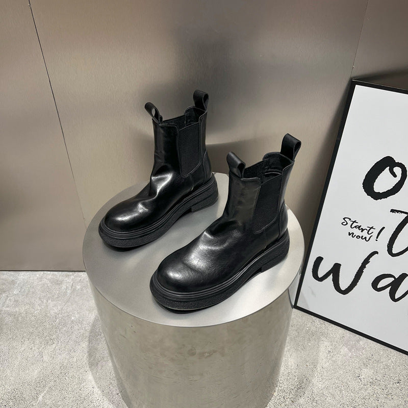 Women's Genuine Elevator Thick-soled British Style Chelsea Pleated Boots
