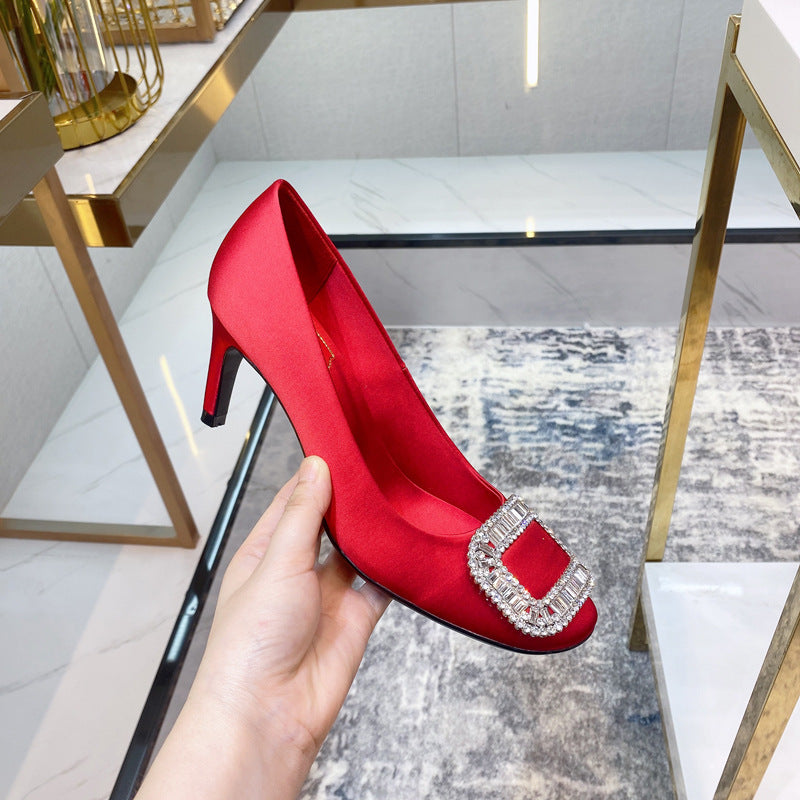Women's Wang High Stiletto Rhinestone Square Buckle Round Toe Pumps Red Heels