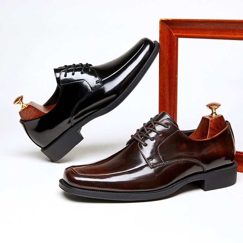 Men's Square Toe Glossy High-grade Paint Formal Wear British Derby Leather Shoes