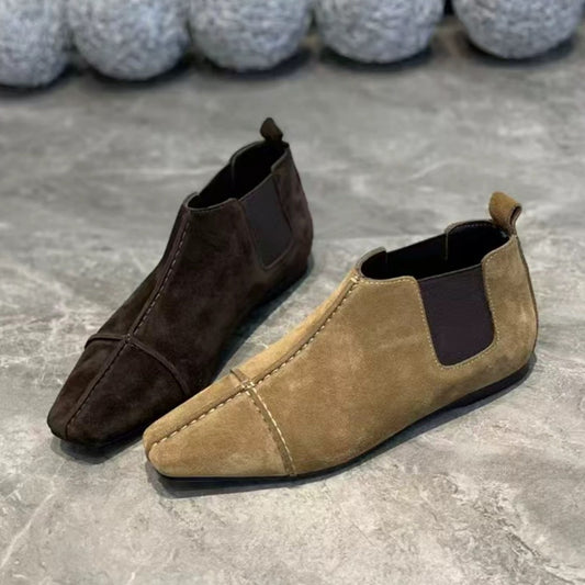 Women's Retro Minority Suede Square Toe Flat Bottom Chelsea Booties Boots