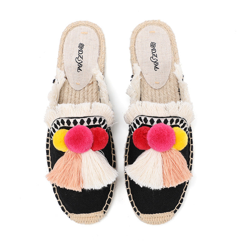 Women's Woven Hemp Bottom Closed Toe Fur Ball Slippers