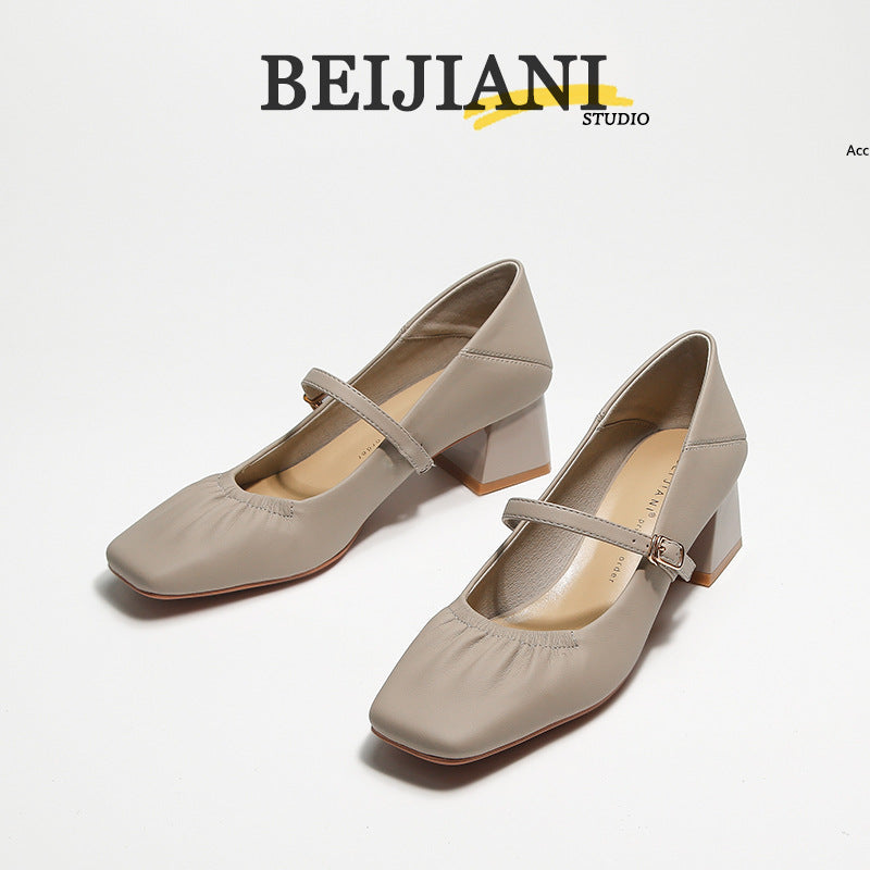 Women's Sheepskin Chunky Pumps Buckle Mary Jane Women's Fashion Shoes