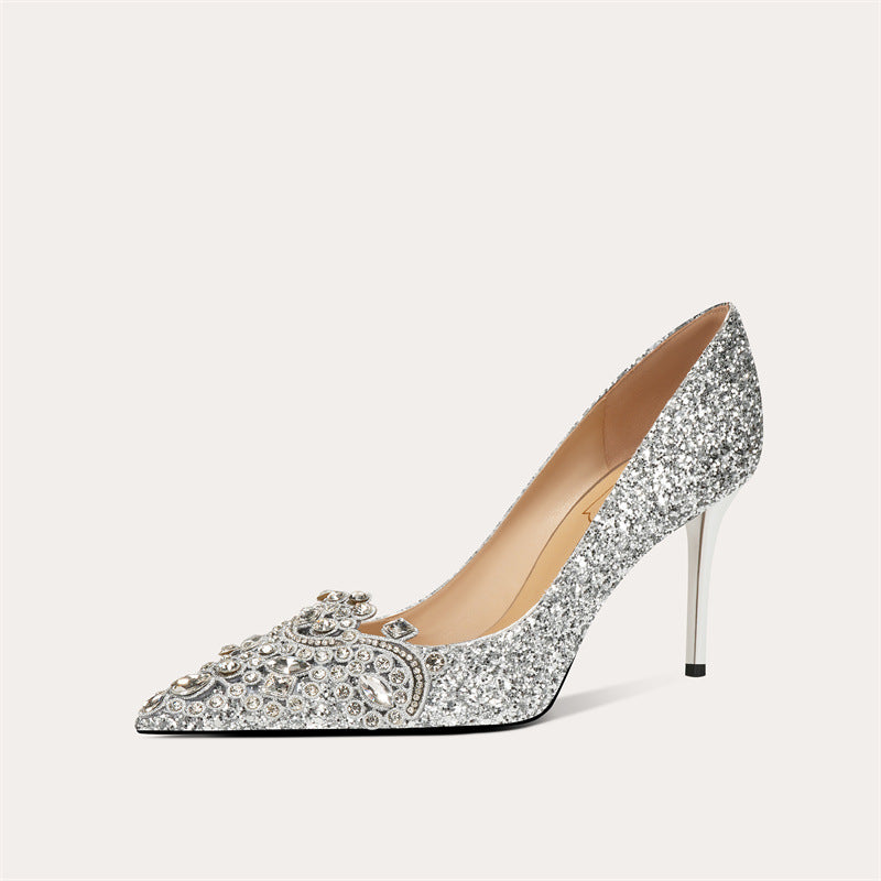 Women's Wedding Banquet Bridal Dress Metal Pointed Crystal Sheepskin Women's Fashion Shoes