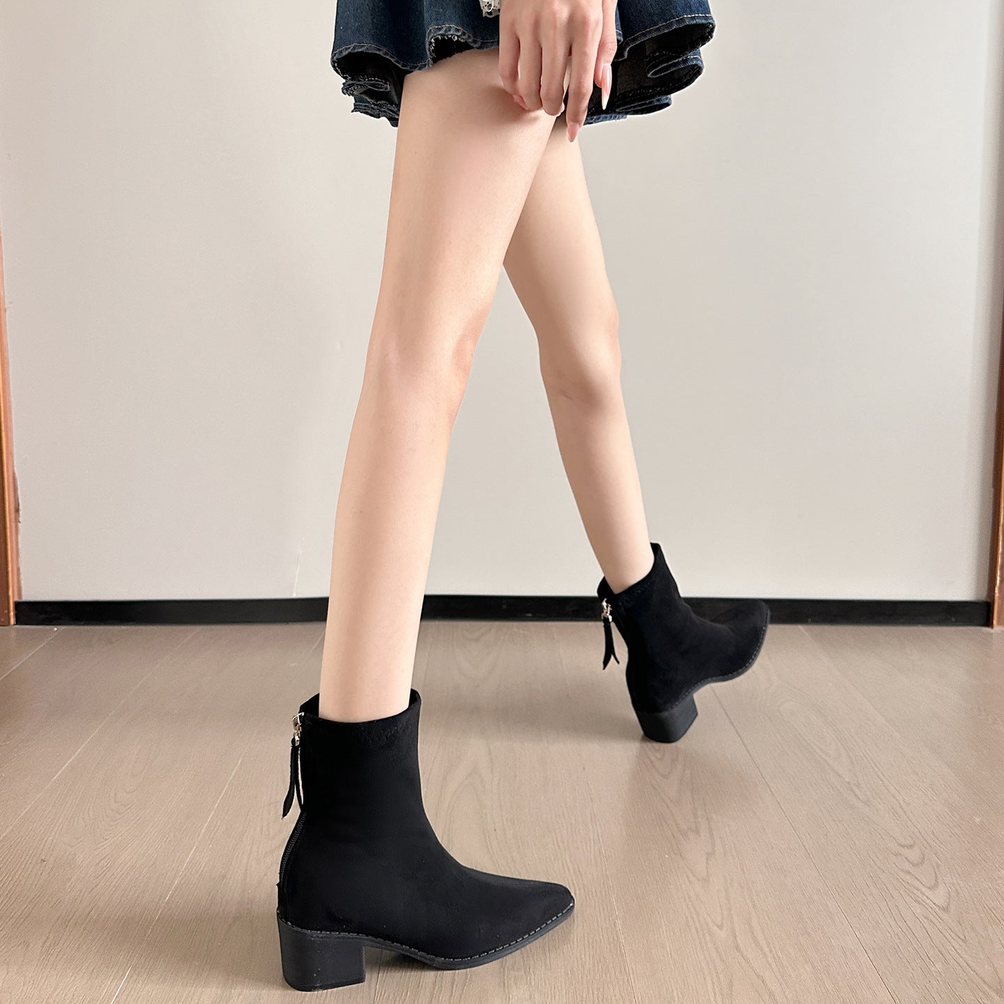 Women's High Martin Small French Style Skinny Suede Chunky Short For Women's Leather Boots