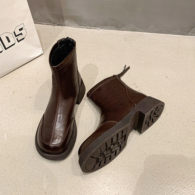 Women's Round Head Chunky Thin Short Back Zipper Increased Tube Women's Leather Boots