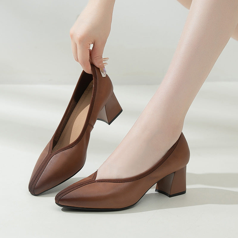 Women's Vintage Mid Pointed Toe Low-cut Chunky Soft Women's Shoes