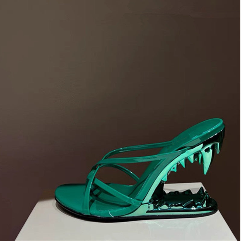Metal Giant Tooth Tiger Abnormal Shape Open Toe Heels