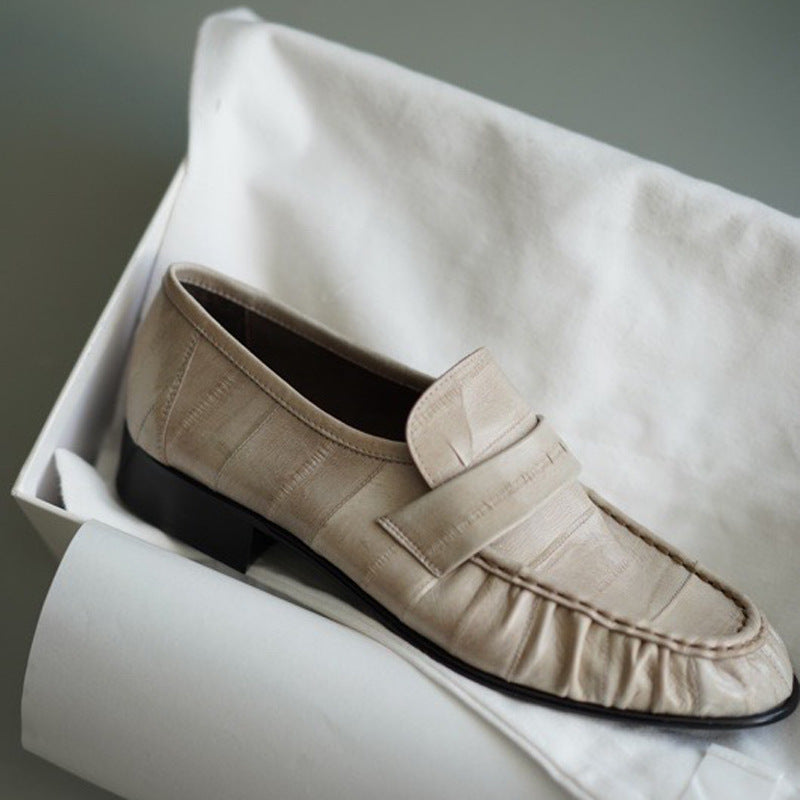 Women's Eel Skin Vintage Crumpled Low-cut Flat Pumps Commuter Small Loafers