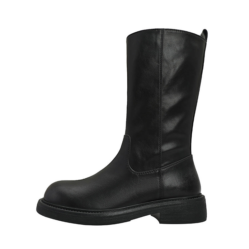 Women's Middle Thick Bottom Round Head Pleated Soft Increased Below The Women's Leather Boots