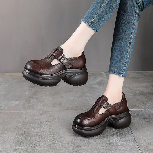 Women's Platform British Style First Layer Cowhide Round Toe Velcro Women's Fashion Shoes