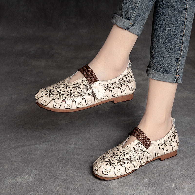 Women's Shu Retro Hollow Hole First Layer Flat Sandals
