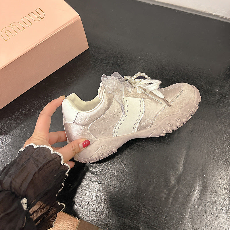 Women's Increasing Insole Mercerized Crescent Pearl Lace Sneakers