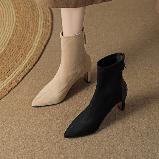 Women's French Style High Chunky Pointed Toe Back Zipper Suede Stretch Women's Leather Boots