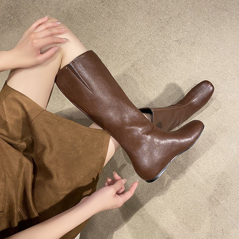 Veet High Female Retro Square Sleeve Women's Leather Boots
