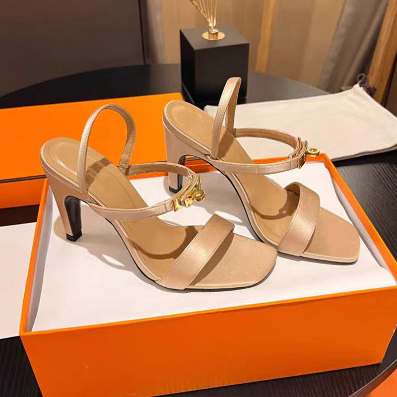 Women's Stiletto Square Toe Metal Button Buckle Satin High Heeled Sandals
