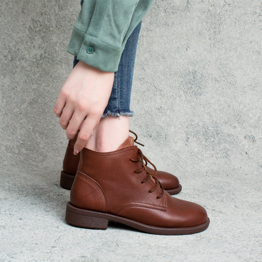 British Style Cow Round Toe Side Zipper Flat Boots