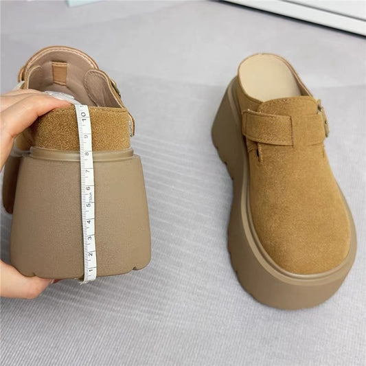 Women's Increasing Insole Closed Toe Half Fleece-lined Platform Slip-on Thick-soles Slippers