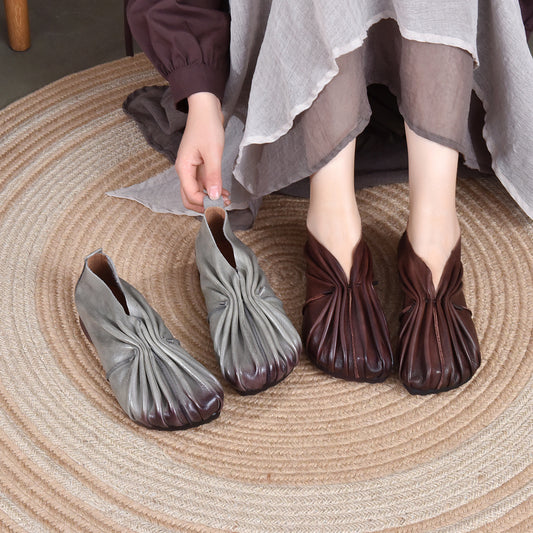 Autumn Cowhide Pleated Woven Pumps Low Soft Women's Casual Shoes