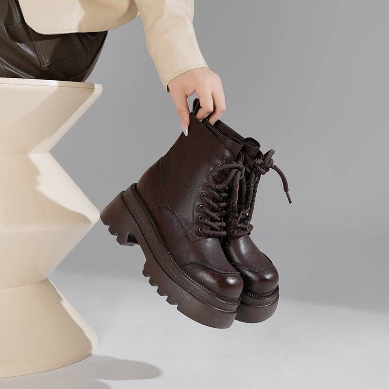 Women's Retro Brown Muffin Platform Lace Up Short British Style Boots