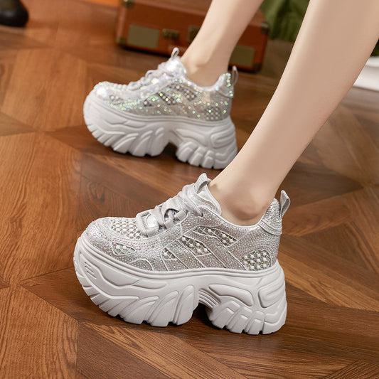 Women's Rhinestone Dad Summer Hollow Mesh Surface Versatile Thick Bottom Height Men's Shoes