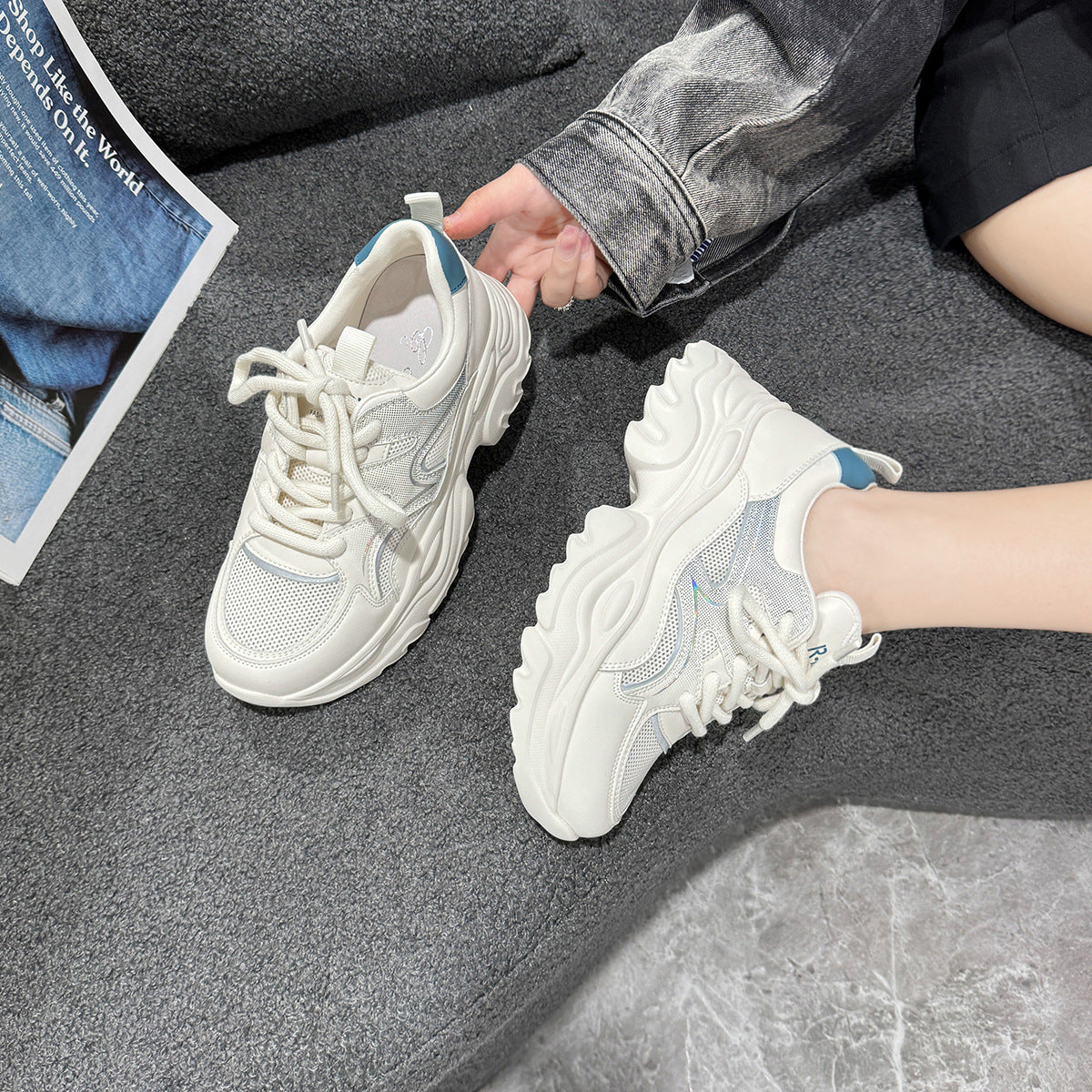 Women's White Mesh Lace Up Breathable Pumps Color Sneakers