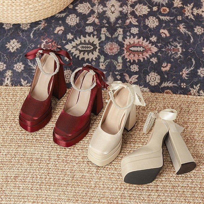 Red Super High Chunky Satin Wedding Dress Women's Fashion Shoes
