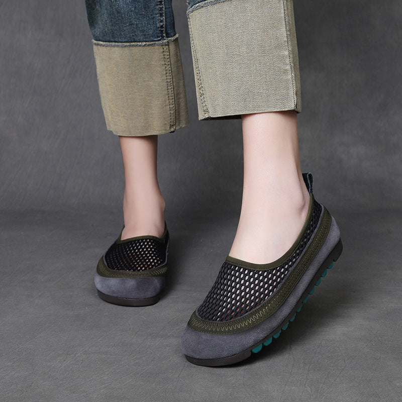 Women's Layer Cowhide Retro Breathable Mesh Slip-on Comfortable Women's Casual Shoes