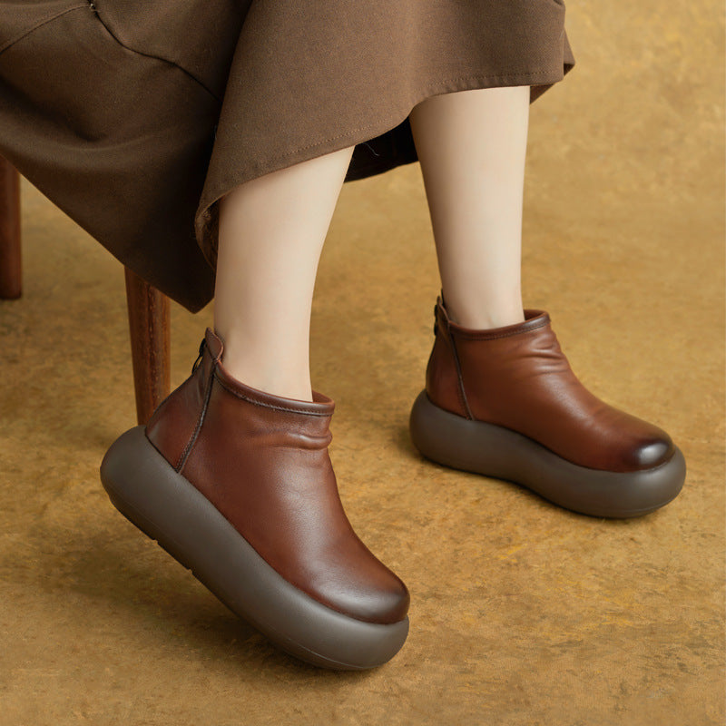 Women's Genuine Booties Retro Wedge Platform Height Increasing Women's Leather Boots
