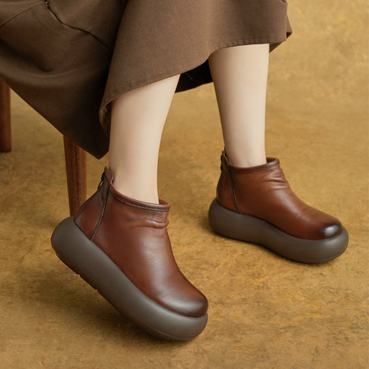 Women's Genuine Booties Retro Wedge Platform Height Increasing Women's Leather Boots