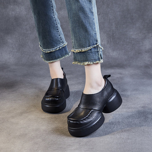 Women's Round Toe Top Layer Cowhide Muffin Slip-on Personality Art Casual Shoes