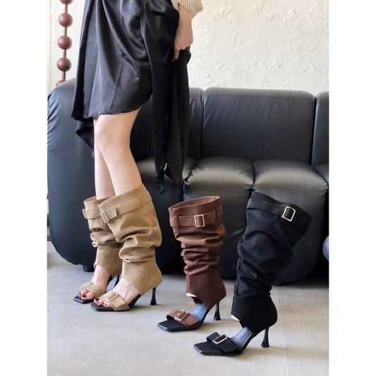 Square Toe High-heeled Strap Limp Hollowed High Heeled Sandals