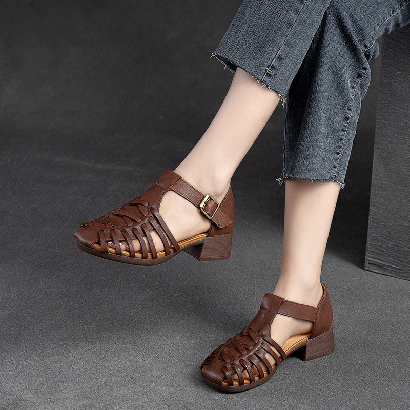 Women's Closed Toe Buckle Small Retro Roman High Heeled Sandals