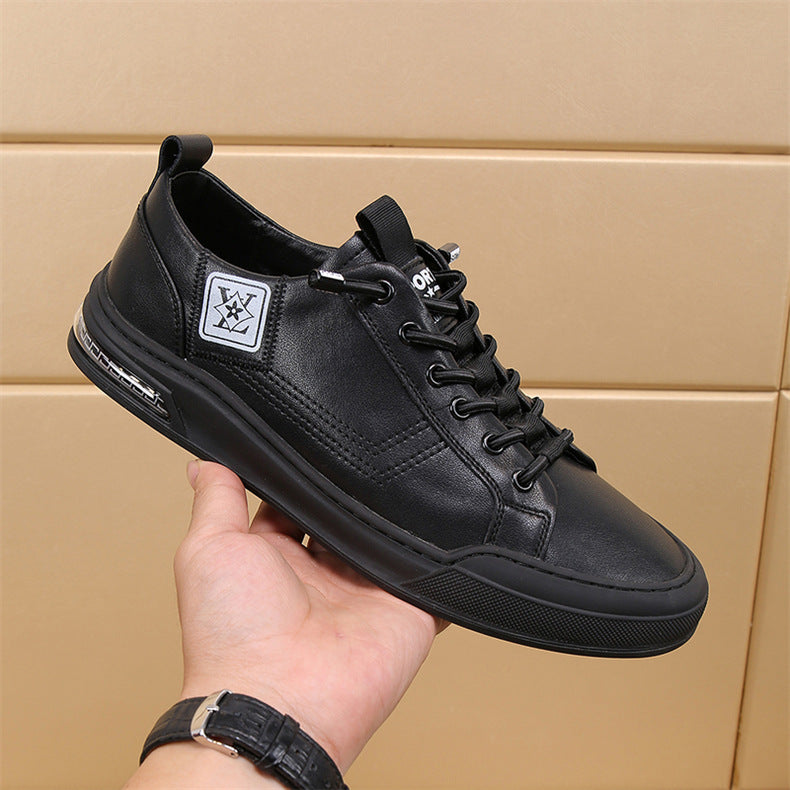 Men's Layer Cowhide Flat Fashion Trendy Black Sneakers