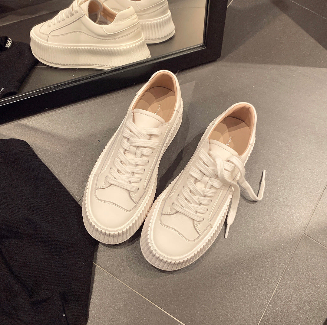 Women's Shape Round Head Thick Bottom Height Increasing Cowhide Leisure Platform Women's Casual Shoes
