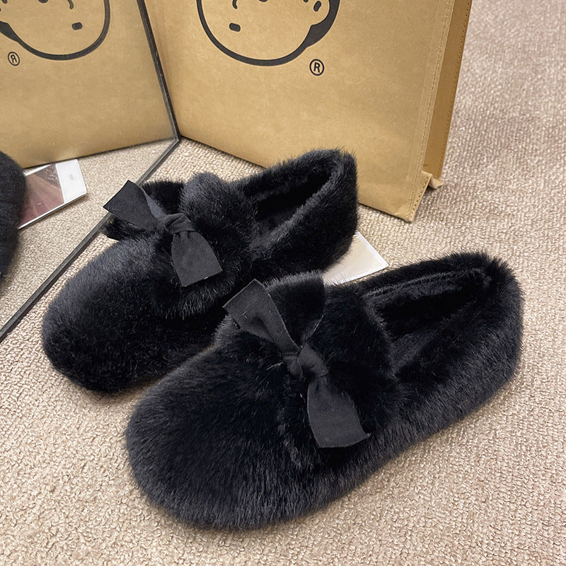 Women's Slip-on Fleece-lined Cotton Outer Wear Bow Casual Shoes