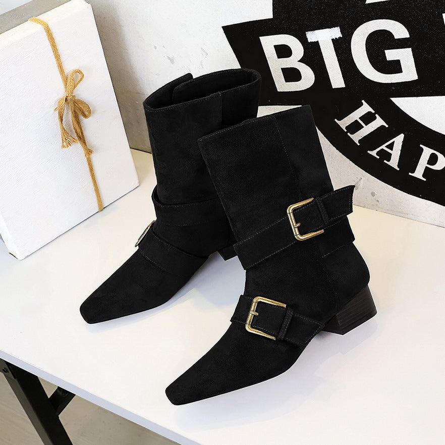 Women's Toe Belt Buckle Mid Chunky Suede Single Women's Leather Boots