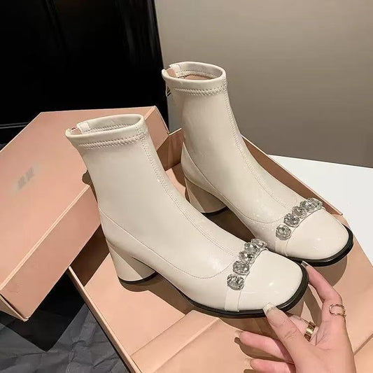 Women's Rhinestone French Round Head Chunky Stretch Thin Women's Leather Boots