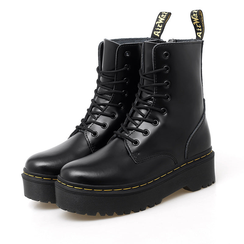 Women's Platform Martin Side Zipper Cattlehide Middle Women's Fashion Shoes