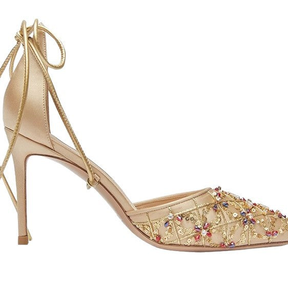 Women's Embroidered Classy Golden Wedding Pointed Toe Beautiful Chinese Heels