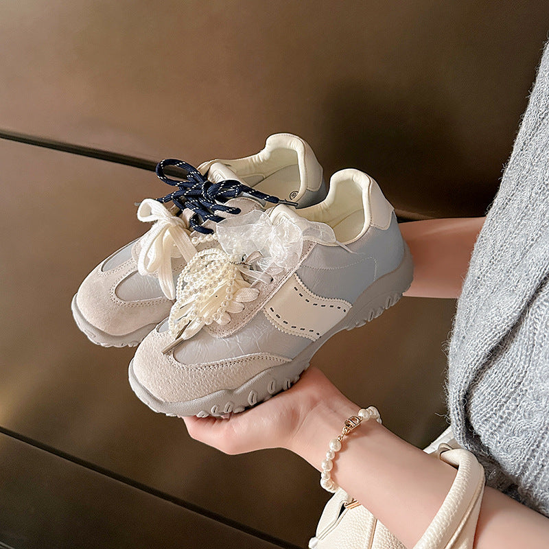 Women's Increasing Insole Mercerized Crescent Pearl Lace Sneakers