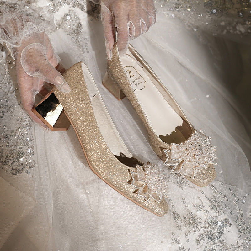 Women's Toe Rhinestone Bow Thin Glittering Main Wedding Dress Chunky Banquet Heels
