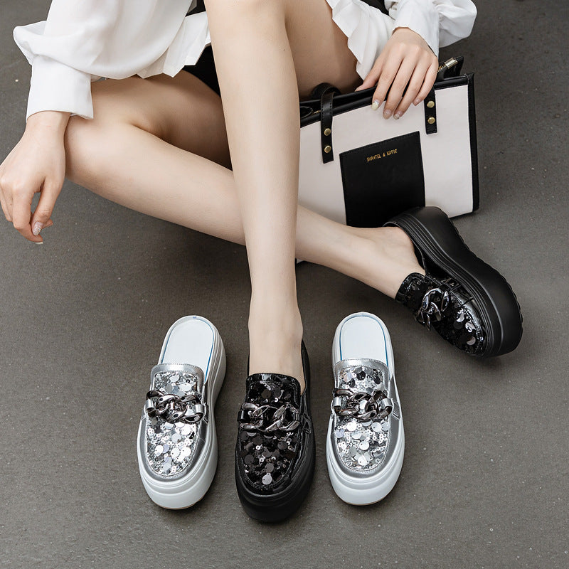 Women's Toe Without Half Support Summer Mesh Sequins Metal Buckle Solid Heels