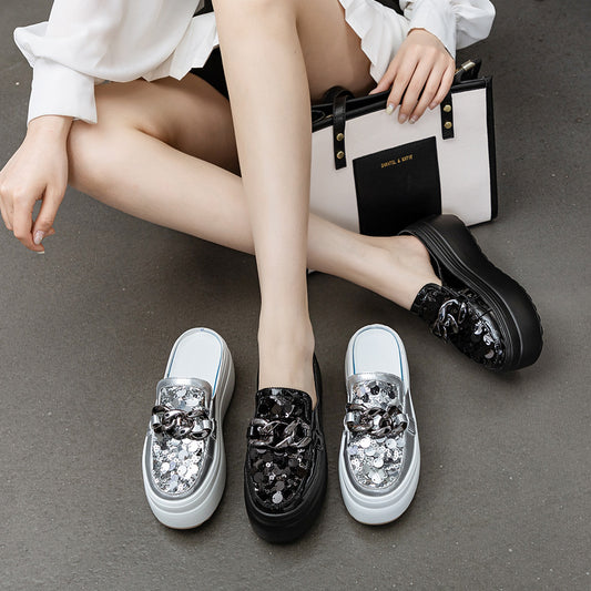 Women's Toe Without Half Support Summer Mesh Sequins Metal Buckle Solid Heels