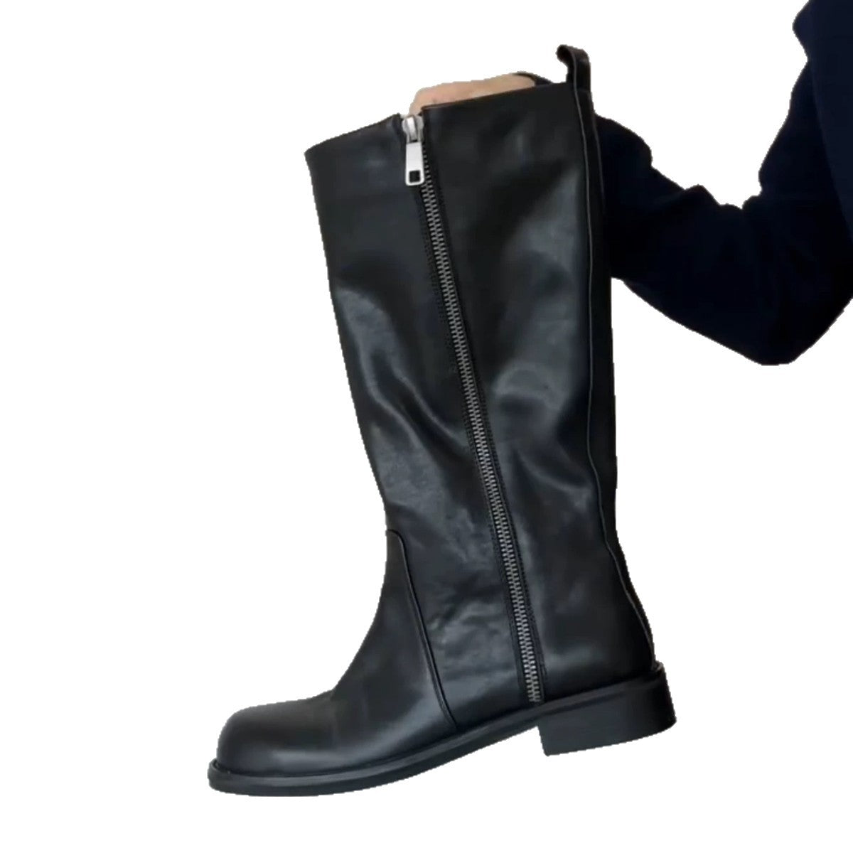 Women's Side Zipper Knight Thick Slimming British Style Simple Women's Leather Boots