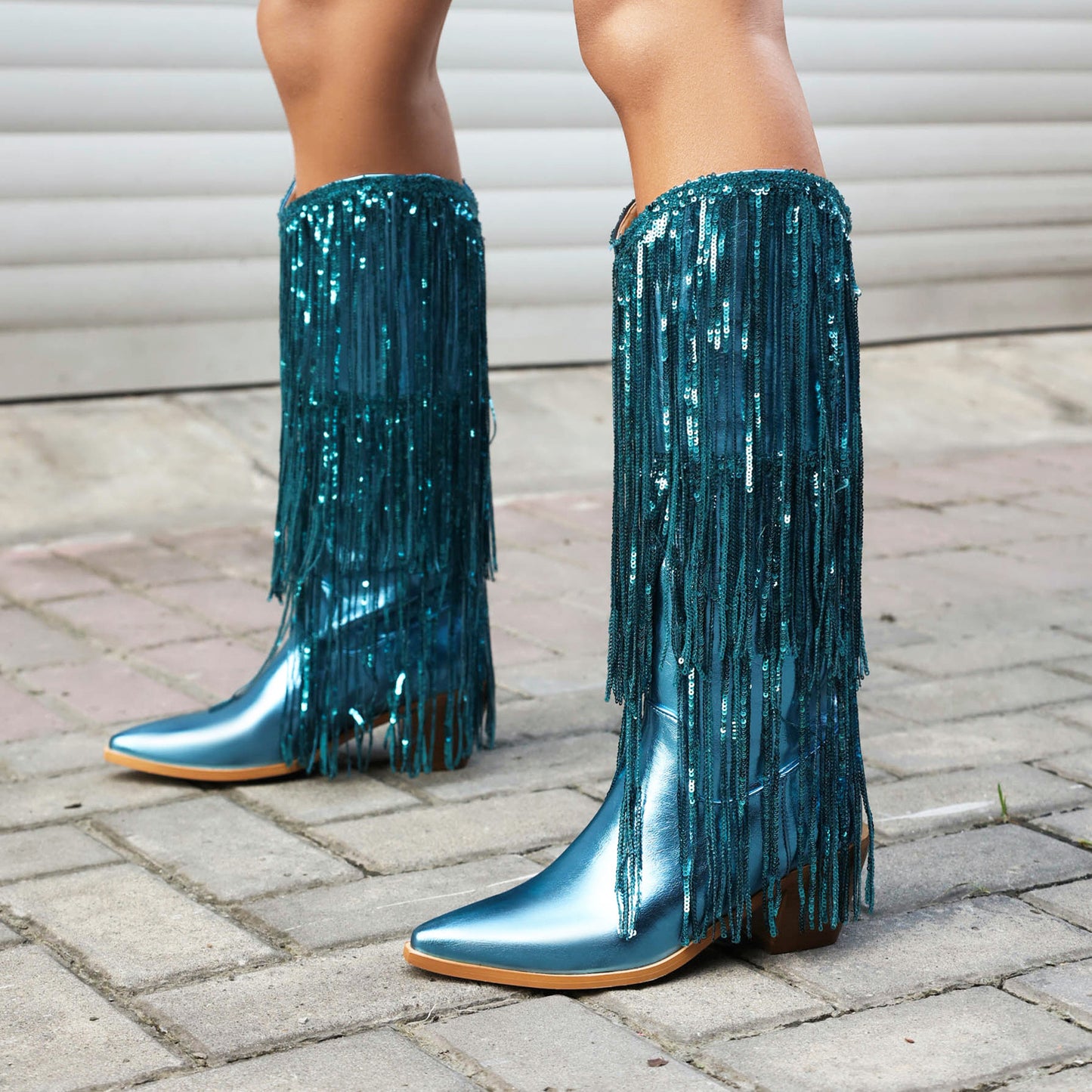 Women's Size Sequined Tassel Pointed Thick High Women's Leather Boots