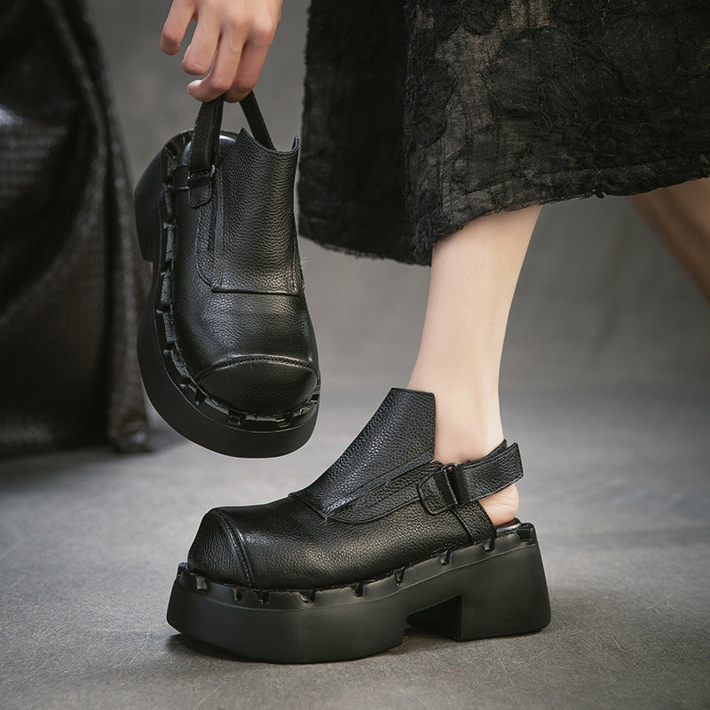 First Layer Cowhide Closed Toe Back Empty Velcro Fashion Fashionable Platform Sandals