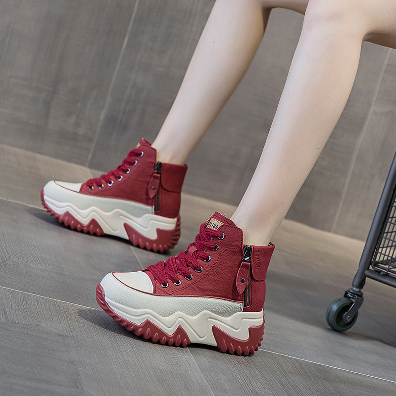 Women's Explosion Board Height Increasing Insole Dad Korean Style Women's Leather Boots