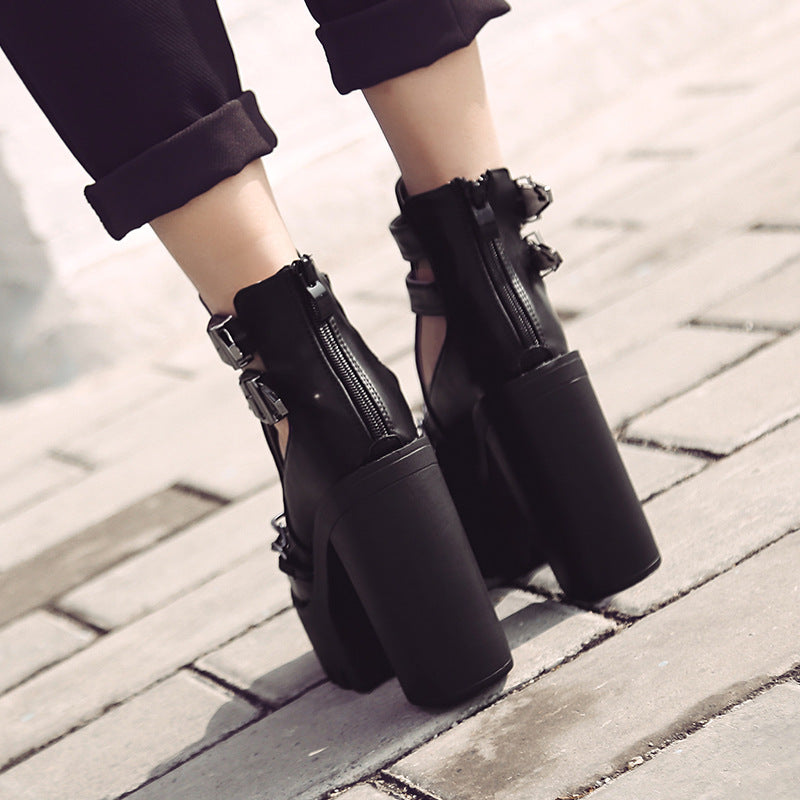 Women's Chain Hollow Booties Belt Buckle Chunky High Women's Leather Boots