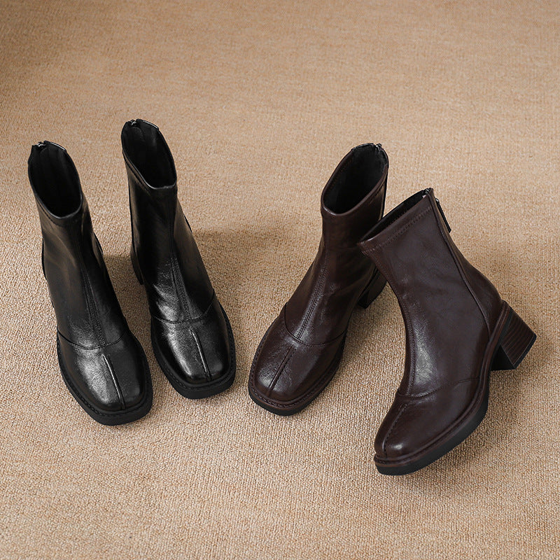 Women's French Hand Pattern Sheepskin Square Toe Martin Back Zipper Women's Leather Boots
